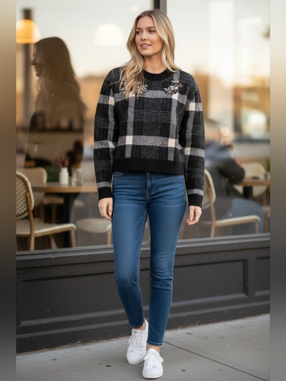Veronica Beard Deana Embellished Plaid Sweater Women's M Pullover‎ Merino Blend